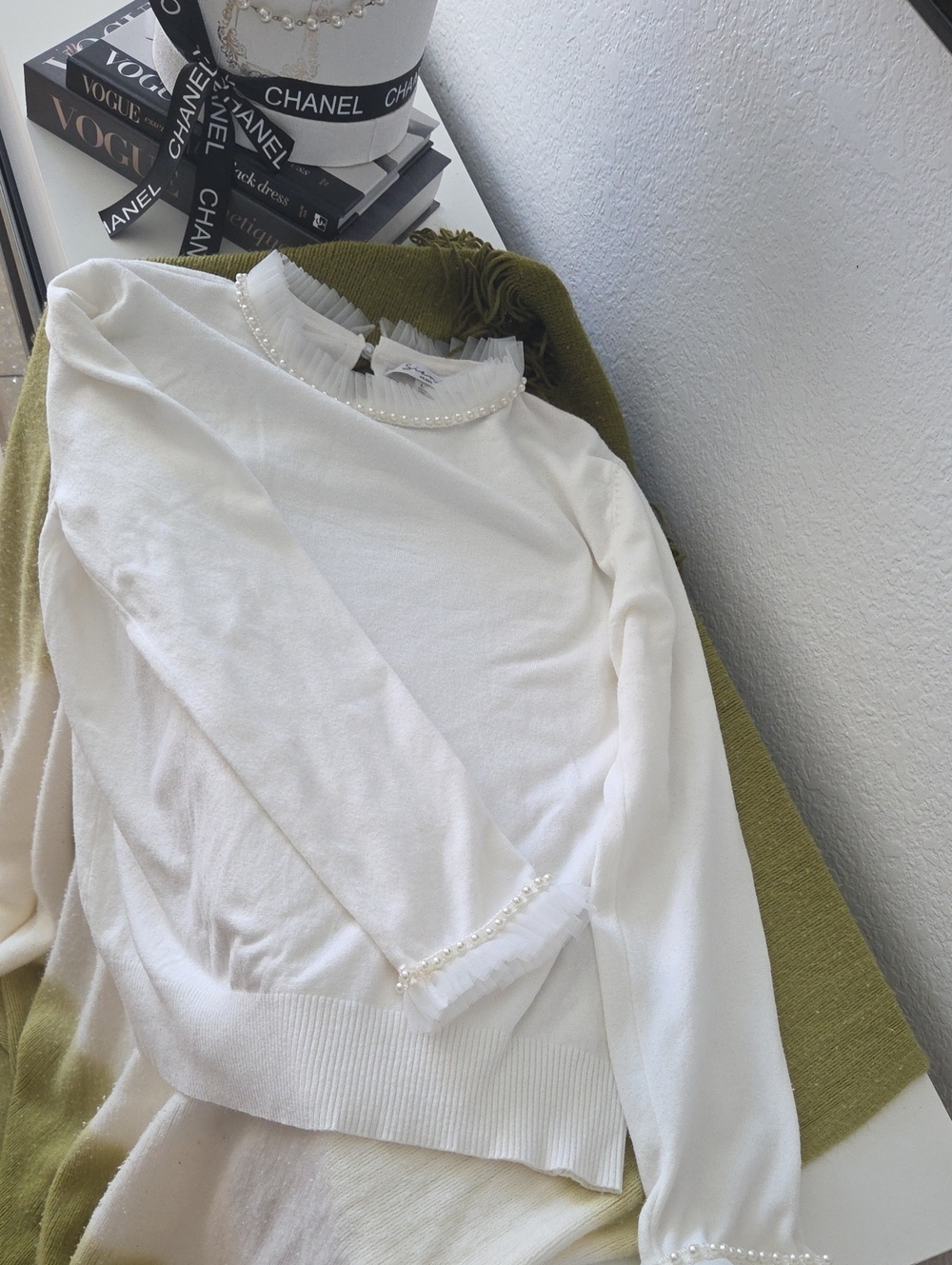 White Pearl-Trim Sweater